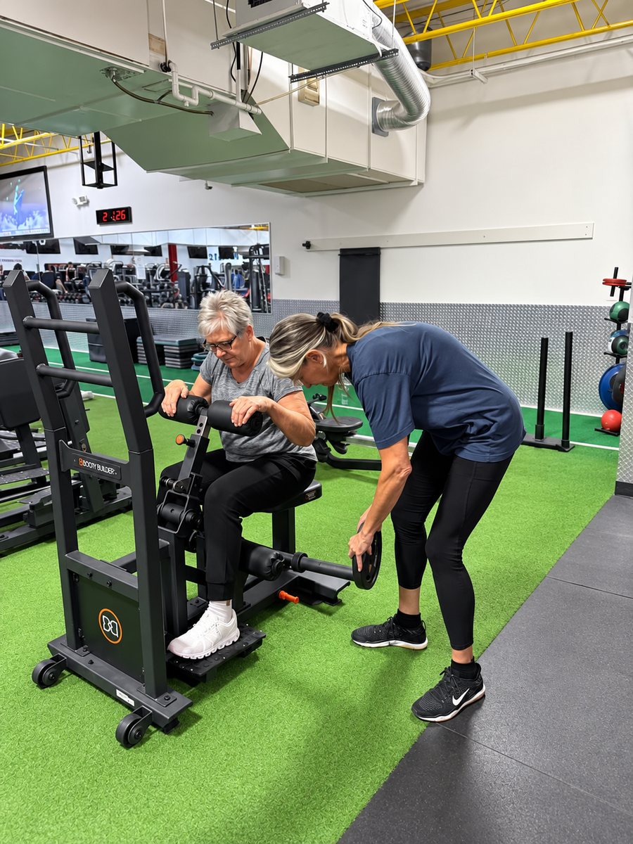 Two members helping each other set up a Booty Builder machine
