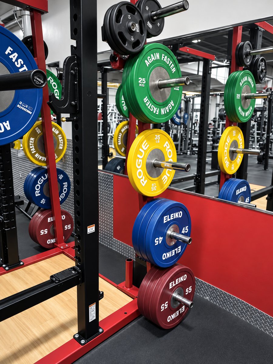 Color-coded Rogue competition bumper plates on a rack